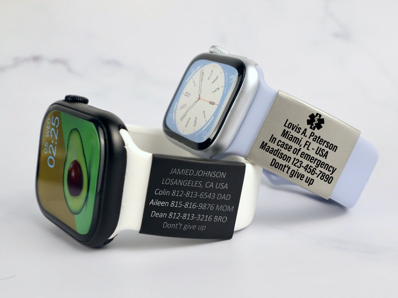 Etiqueta de identificación de alerta para la banda del reloj, placa de seguridad grabada del Apple Watch, etiqueta de seguridad de identificación de emergencia personalizada, etiqueta de identificación de alerta médica para la banda Iwatch imagen 6