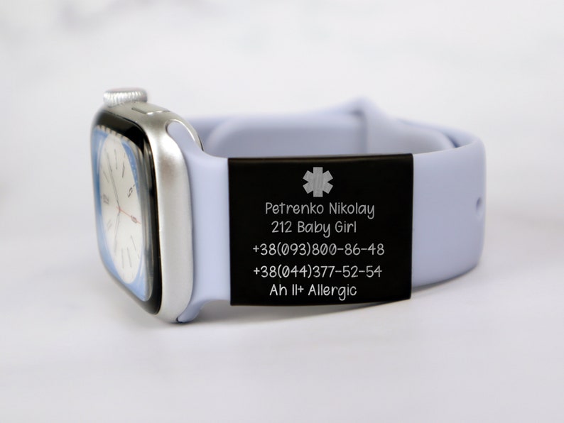 Etiqueta de identificación de alerta para la banda del reloj, placa de seguridad grabada del Apple Watch, etiqueta de seguridad de identificación de emergencia personalizada, etiqueta de identificación de alerta médica para la banda Iwatch imagen 3