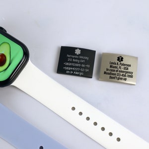 Etiqueta de identificación de alerta para la banda del reloj, placa de seguridad grabada del Apple Watch, etiqueta de seguridad de identificación de emergencia personalizada, etiqueta de identificación de alerta médica para la banda Iwatch imagen 8