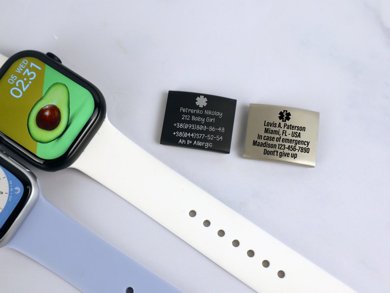 Etiqueta de identificación de alerta para la banda del reloj, placa de seguridad grabada del Apple Watch, etiqueta de seguridad de identificación de emergencia personalizada, etiqueta de identificación de alerta médica para la banda Iwatch imagen 8