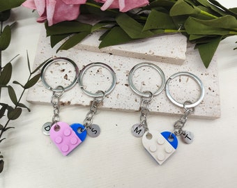 Unique Heart Keychain Set,Authentic Bricks, Custom Initials, Colorful Matching Keychain, Durable Quality - Ideal Gifts for Best Friends