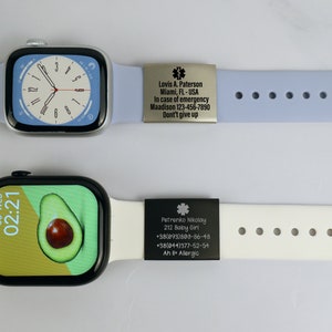 Etiqueta de identificación de alerta para la banda del reloj, placa de seguridad grabada del Apple Watch, etiqueta de seguridad de identificación de emergencia personalizada, etiqueta de identificación de alerta médica para la banda Iwatch imagen 9