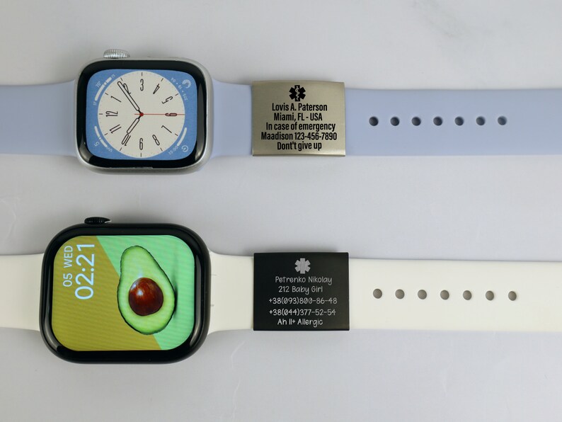 Etiqueta de identificación de alerta para la banda del reloj, placa de seguridad grabada del Apple Watch, etiqueta de seguridad de identificación de emergencia personalizada, etiqueta de identificación de alerta médica para la banda Iwatch imagen 9