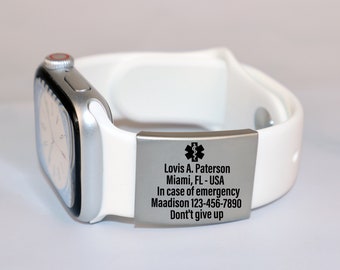 Etiqueta de identificación de alerta para la banda del reloj, placa de seguridad grabada del Apple Watch, etiqueta de seguridad de identificación de emergencia personalizada, etiqueta de identificación de alerta médica para la banda Iwatch