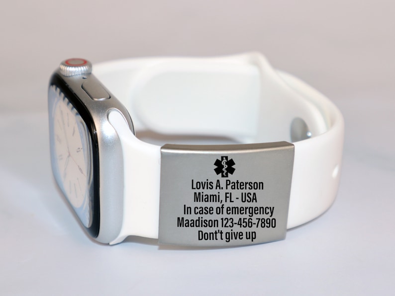 Etiqueta de identificación de alerta para la banda del reloj, placa de seguridad grabada del Apple Watch, etiqueta de seguridad de identificación de emergencia personalizada, etiqueta de identificación de alerta médica para la banda Iwatch imagen 1