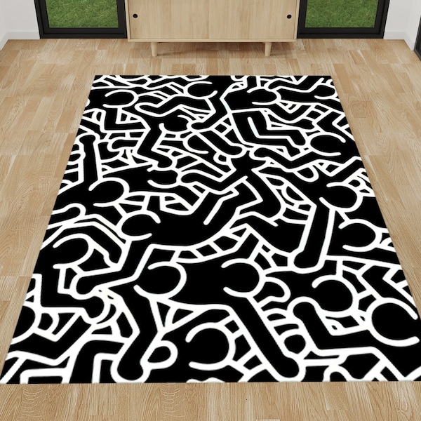 Keith Haring rug, Keith Haring Dancing, Black and white rug, Popular rug, For living room, Salon rug, Modern rug, Themed rug, Area rug, Gift