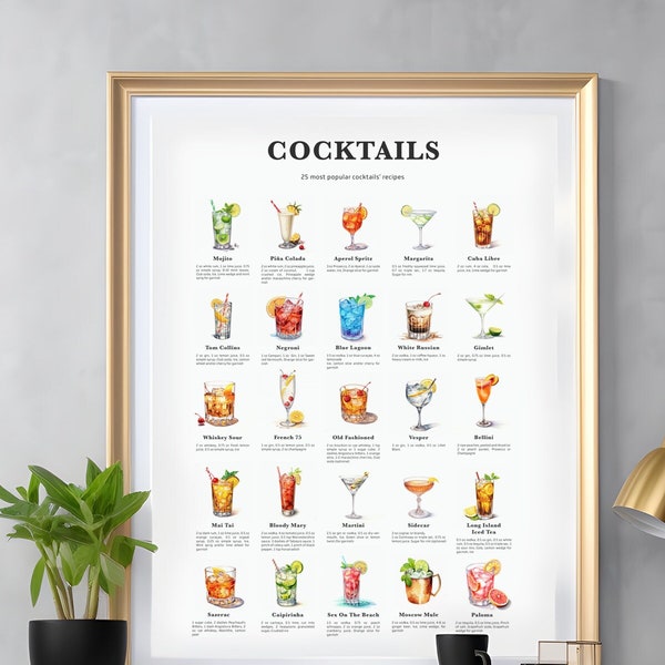 25 Popular Cocktails, Cocktails Recipe Print, Cocktail Print, Cocktail Art, Kitchen Art, Kitchen Decor. Cocktail Wall Art Gift. Downloadable