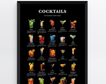 25 Popular Cocktails, Cocktails Recipe Print, Cocktail Print, Cocktail Art, Kitchen Art, Kitchen Decor. Black Background. Downloadable