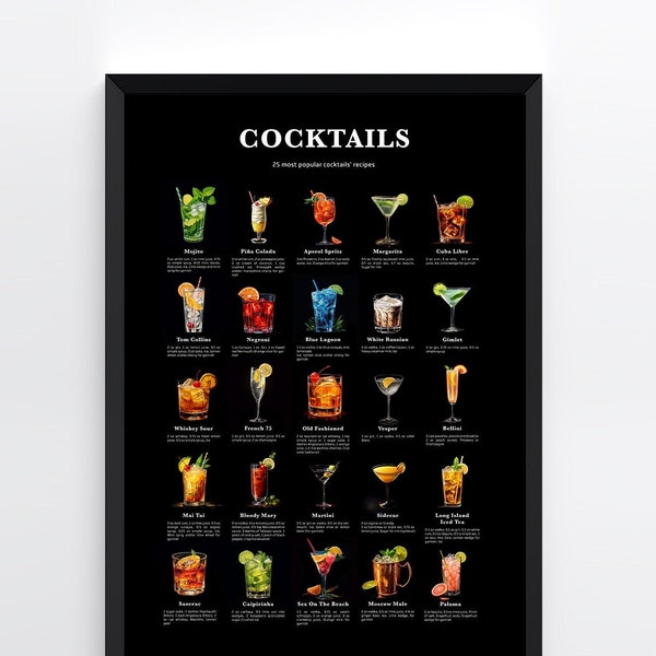 25 Popular Cocktails, Cocktails Recipe Print, Cocktail Print, Cocktail Art, Kitchen Art, Kitchen Decor. Black Background. Downloadable