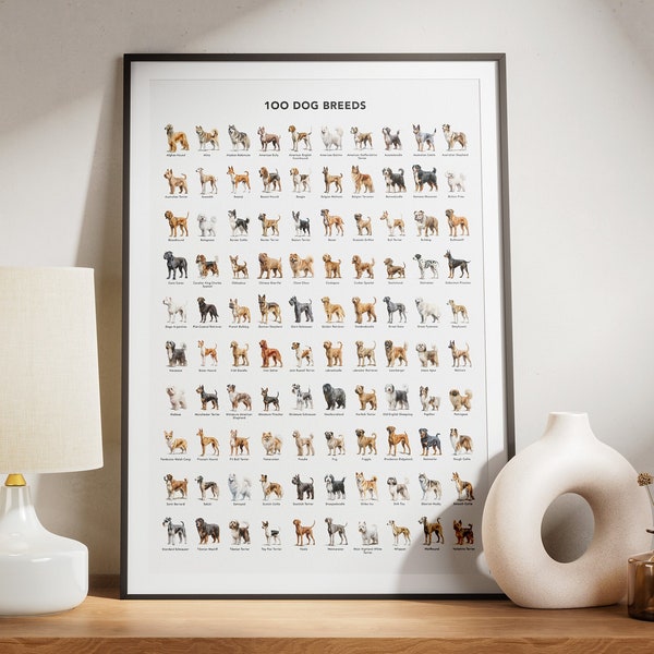 Affiche de 100 races de chiens. Cadeau d’amant de chien. Infographie des races de chiens. Impression de races de chiens. Cadeau d’art mural pour chien. Téléchargeable