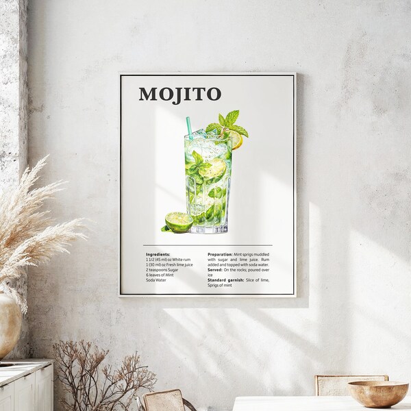 Mojito Poster, Mojito  Recipe, Mojito Cocktail Print, Bar, Kitchen Art, Mojito  Lover Gift. Cocktail Wall Art Gift. Digital.