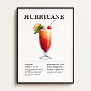 Hurricane Cocktail Poster, Rezept, Cocktail Druck, Bar, Küchenkunst, Cocktail Liebhaber Geschenk. Cocktail Wand Kunst Geschenk. Digital.