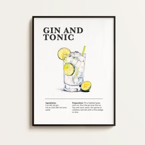 Poster di cocktail Gin and Tonic, ricetta, stampa di cocktail, bar, arte da cucina, regalo per gli amanti dei cocktail. Regalo di arte murale per cocktail. Digitale.