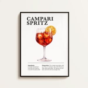 Póster de Campari Spritz, receta de Campari, prosecco, impresión de cóctel, arte de bar y cocina, regalo para amantes del spritz. Arte mural de cócteles. Digital.