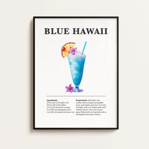 Blaues Hawaii Cocktail Poster, Rezept, Cocktail Druck, Bar, Küchenkunst, Cocktail Liebhaber Geschenk. Cocktail Wand Kunst Geschenk. Digital.