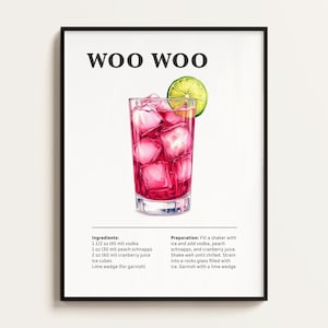 Woo Woo Cocktail Poster, Rezept, Cocktail Print, Bar, Küchenkunst, Cocktail Liebhaber Geschenk. Cocktail Wand Kunst Geschenk. Digital.