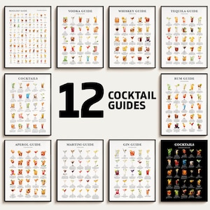 Puede incluir: Doce guías de cócteles enmarcadas, incluyendo Mixología, Vodka, Whisky, Tequila, Cócteles, Ron, Aperol, Martini y Ginebra. Cada guía presenta ilustraciones coloridas de varias bebidas mixtas.