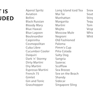 May include: A list of popular cocktail names, including Aperol Spritz, Aviation, Bellini, Black Russian, Bloody Mary, Blue Hawaii, Blue Lagoon, Boulevardier, Caipirinha, Cosmopolitan, Cuba Libre, Cucumber Cooler, Daiquiri, Dark 'n' Stormy, Dirty Martini, Dry Martini, Espresso Martini, French 75, Gimlet, Gin and Tonic, Grasshopper, Long Island Iced Tea, Mai Tai, Manhattan, Margarita, Martini, Mojito, Moscow Mule, Negroni, Old Fashioned, Paloma, Pimm's Cup, Pi&ntilde;a Colada, Salty Dog, Sangria, Sazerac, Scofflaw, Sea Breeze, Sex on the Beach, Shandy, Sidecar, Singapore Sling, Snowball, Southside, Stinger, Tequila Sunrise, Tom Collins, Vesper, Whiskey Sour, and White Russian.