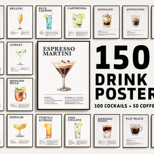 Mega paquete de carteles de bebidas individuales. Carteles de cócteles, carteles de café. Carteles de bares de cócteles populares, recetas de café, cocina, decoración de bares