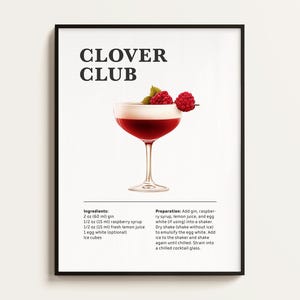 Clover Club Cocktail Poster, Rezept, Cocktail Druck, Bar, Küchenkunst, Cocktail Liebhaber Geschenk. Cocktail Wand Kunst Geschenk. Digital.
