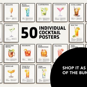 May include: A set of 50 printable cocktail posters featuring illustrations of various cocktails, including the Aperol Spritz, Bellini, Blue Lagoon, Caipirinha, Cosmopolitan, Cuba Libre, Espresso Martini, French 75, Gimlet, Mai Tai, Margarita, Martini, Moscow Mule, Negroni, Old Fashioned, Paloma, Pi&ntilde;a Colada, Sazerac, Sex on the Beach, Sidecar, Tequila Sunrise, and Tom Collins. The posters are black and white with a minimalist design.