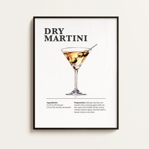Póster de cóctel Dry Martini, receta, impresión de cóctel, bar, arte de cocina, regalo para amantes de los cócteles. Regalo de arte mural de cócteles. Digital.