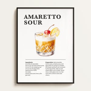 Póster de Amaretto Sour, receta de Amaretto Sour, impresión de cóctel, bar, arte de cocina, regalo para amantes del Amaretto Sour. Regalo de arte mural. Digital.