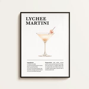 May include: A framed print featuring a Lychee Martini recipe. The image shows a cocktail in a martini glass, garnished with a lychee fruit. The text includes the drink's name, ingredients, and preparation instructions.