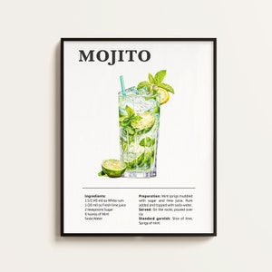 Poster Mojito, Ricetta Mojito, Stampa Cocktail Mojito, Bar, Arte Cucina, Regalo per gli amanti del Mojito. Regalo di Arte Murale Cocktail. Digitale.