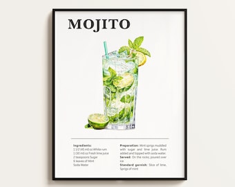 Plakat Mojito, Przepis na Mojito, Wydruk Koktajlu Mojito, Bar, Sztuka Kuchenna, Prezent Miłośnika Mojito. Prezent Ścienny z Koktajlem. Cyfrowy.