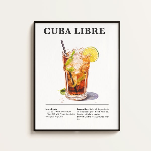 Cuba Libre Poster, Cuba Libre Recipe, Cocktail Print, Bar, Kitchen Art, Cuba Libre Lover Gift. Cocktail Wall Art Gift. Digital.