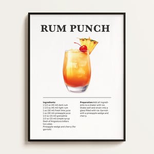 Rum Punch Cocktail Poster, Rezept, Cocktail Druck, Bar, Küchenkunst, Cocktail Liebhaber Geschenk. Cocktail Wand Kunst Geschenk. Digital.