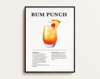 Rum Punch Recipe Poster, Cocktail Art Print (Digital Download)
