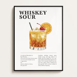May include: A printable poster with a recipe for a Whiskey Sour cocktail. The poster features a colorful illustration of a Whiskey Sour with a lemon wheel and a cherry garnish. The recipe includes ingredients and instructions for making the cocktail.
