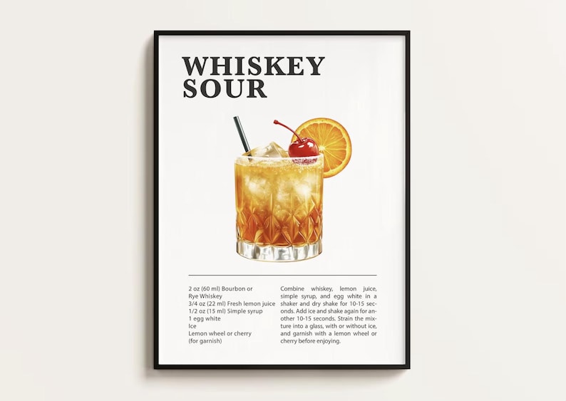 May include: A printable poster with a recipe for a Whiskey Sour cocktail. The poster features a colorful illustration of a Whiskey Sour with a lemon wheel and a cherry garnish. The recipe includes ingredients and instructions for making the cocktail.