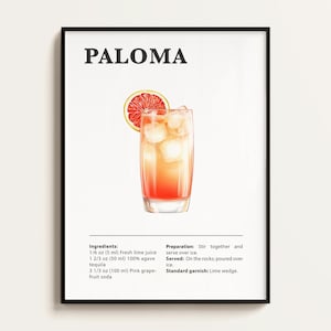 Poster Paloma, Ricetta Paloma, Stampa Cocktail, Bar, Arte da Cucina, Regalo per gli amanti del Paloma. Regalo di Arte Murale Cocktail. Digitale.