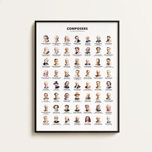 Póster de 56 grandes compositores. Regalo para amantes de la música. Infografías de compositores. Impresión educativa para el aula de música. Regalo artístico para músicos. Descargable