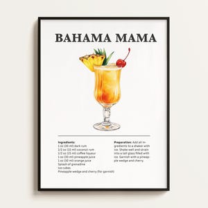 Bahama Mama Cocktail Poster, Rezept, Cocktail Print, Bar, Küchenkunst, Cocktail Liebhaber Geschenk. Cocktail Wand Kunst Geschenk. Digital.