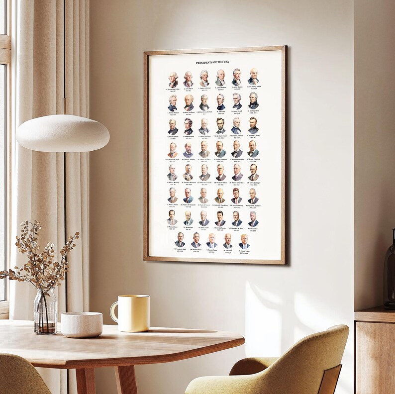 May include: A framed poster with a white background and the title "Presidents of the USA". The poster features a grid of 45 portraits of the presidents of the United States, each with their name and number listed below.