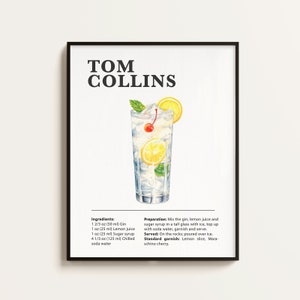 Tom Collins Poster, Tom Collins Rezept, Cocktail Druck, Bar, Küchenkunst, Tom Collins Liebhaber Geschenk. Cocktail Wand Kunst Geschenk. Digital.