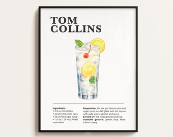 Tom Collins Recipe Print, Cocktail Bar Art (Digital Download)