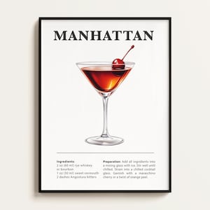 Manhattan Poster, Manhattan Rezept, Manhattan, Cocktail Print, Bar, Küchenkunst, Manhattan Liebhaber Geschenk. Cocktail Wand Kunst Geschenk. Digital.