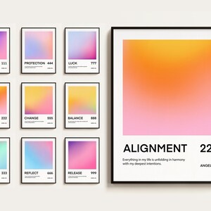 May include: Nine colorful gradient posters with black frames and white text. Each poster features a different color gradient and a word and number. The words are Intuition, Protection, Luck, Alignment, Change, Balance, Support, Reflect, and Release. The numbers are 111, 444, 777, 222, 555, 888, 333, 666, and 999.