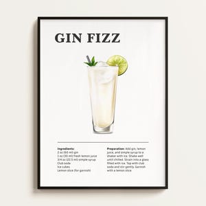 Póster de cóctel Gin Fizz, receta, impresión de cóctel, bar, arte de cocina, regalo para amantes de los cócteles. Regalo de arte mural de cócteles. Digital.