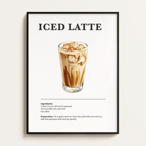 Póster de café con leche helado, receta de bebida de café, impresión de café, cafetería, póster de cafetería, arte del café, regalo para amantes del café. Regalo de arte mural con café. Digital