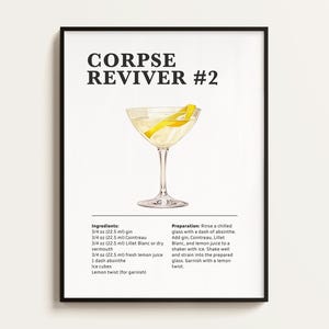 Póster de cóctel Corpse Reviver n.° 2, receta, impresión de cóctel, bar, arte de cocina, regalo para amantes de los cócteles. Regalo de arte mural de cócteles. Digital.