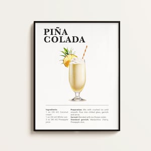 Póster de piña colada, receta de piña colada, impresión de cóctel, bar, arte de cocina, regalo para amantes de la piña colada. Regalo de arte mural de cóctel. Digital.