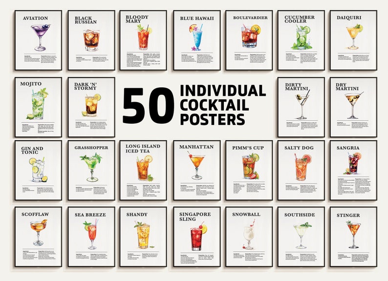 May include: A set of 50 printable cocktail posters featuring illustrations of various cocktails, including the Aviation, Black Russian, Bloody Mary, Blue Hawaii, and more. Each poster includes the name of the cocktail and a list of ingredients.
