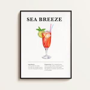 Sea Breeze Cocktail Poster, Rezept, Cocktail Druck, Bar, Küchenkunst, Cocktail Liebhaber Geschenk. Cocktail Wand Kunst Geschenk. Digital.