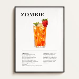 Zombie Cocktail Poster, Rezept, Cocktail Druck, Bar, Küchenkunst, Cocktail Liebhaber Geschenk. Cocktail Wand Kunst Geschenk. Digital.